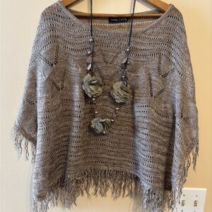 Women's Taupe Knit Poncho with Fringe